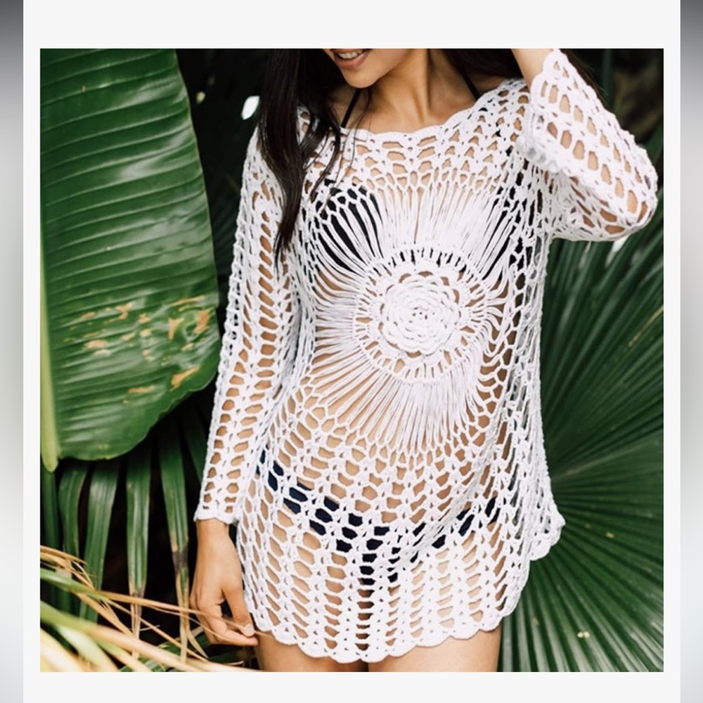 Women’s Beach Swimsuit Cover Up Hollow Out Long Sleeve Crochet Bikini Coverup